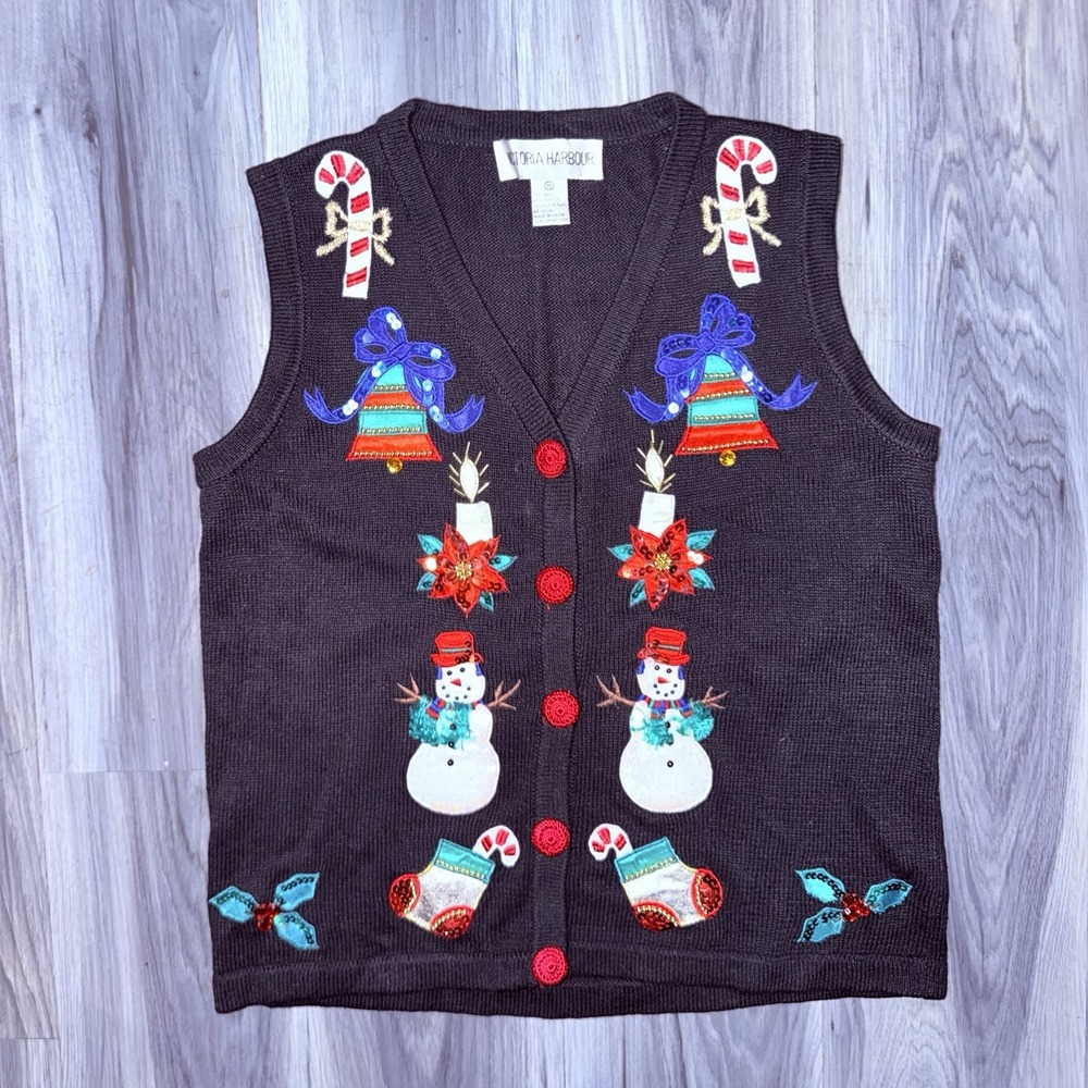 Vintage Victoria Harbour Christmas Vest Medium M Black Embroidered Ugly Holiday